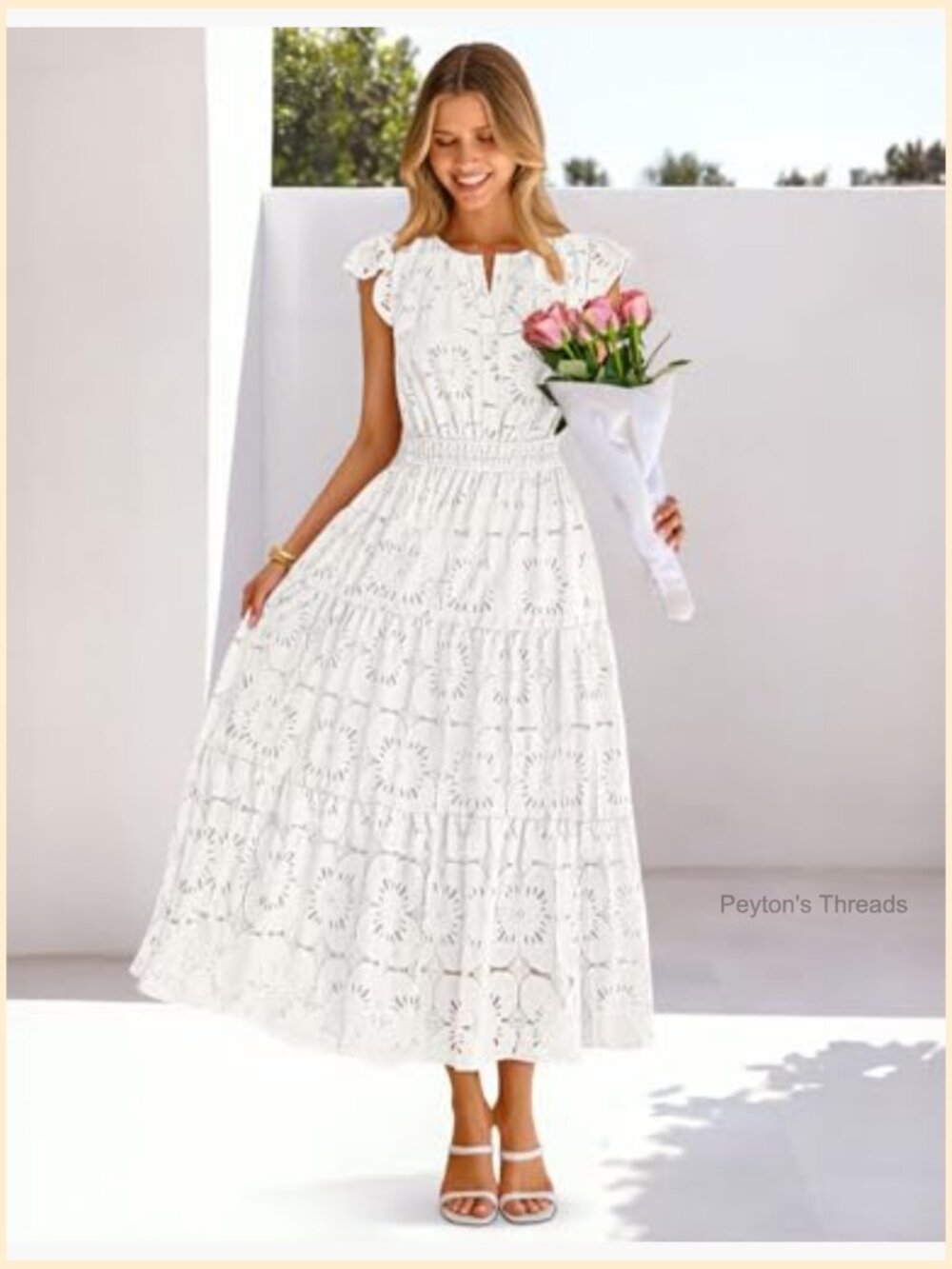Flutter Sleeve Lace Eyelet Maxi Dress Tiered Boho Beach Vacation - Picture 3 of 7